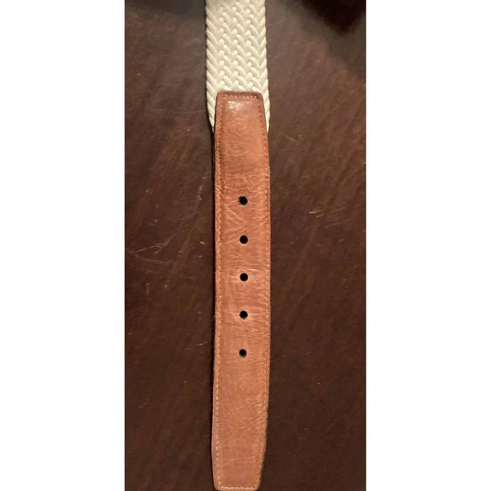 Torino Leather Woven Belt Size 42 Ivory Stretch Braid Silver Brass‎ Buckle USA